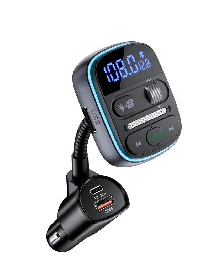 [AUSTRALIA] - LENCENT Bluetooth FM Transmitter PD 30W, Bluetooth Car Adapter with QC3.0 Fast Charger, Hi-Fi Bass Music, Wireless Radio Receiver Hands-Free Calling, [Color Light] 