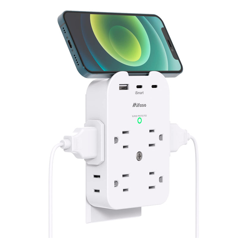 Mifaso Outlet Extender - Wall Surge Protector with 8 Outlets 3 USB 2 USB C, 1 USB A Multi Plug Outlet Splitter, Wall Mount Adapter with Top Phone Holder for Home, School, Office 1800 Joules White - 8 Outlets