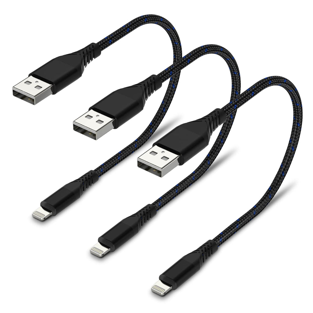 1FT Short iPhone Charging Cable, 3 Pack USB to Lightning Cable 1 Foot iPhone Charger Cord Fast Charging Braided for Apple iPhone 14 13 12 11 Pro Max Mini 10 8 7 Plus XR XS MAX SE iPad Air Mini (Black) USB-A to Lightning