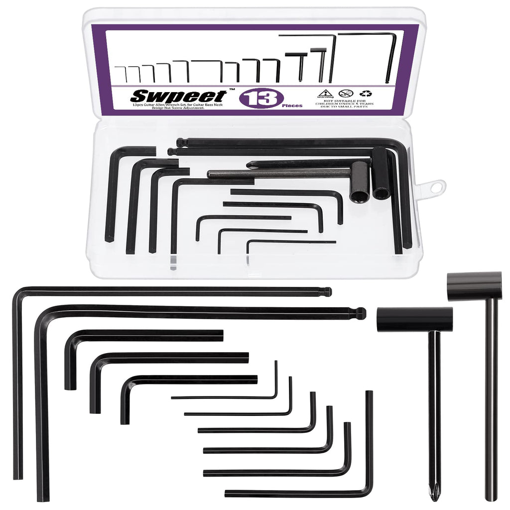 Swpeet 13Pcs Guitar Allen Wrench Set, Including 9Pcs Allen Wrench, 7mm & 8mm Truss Rod Hex Box Wrenches and 4mm & 5mm Ball End Truss Rod Wrenches, Fit for Guitar Bass Neck Bridge Nut Screw Adjustment