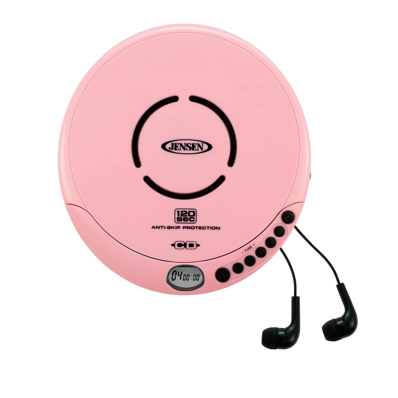 Jensen Portable CD-120 Portable Personal CD Player Compact 120 SEC Anti-Skip CD Player – Lightweight & Shockproof Music Disc Player & FM Radio Pro Sport-Earbuds for Kids & Adults (Pink) Pink