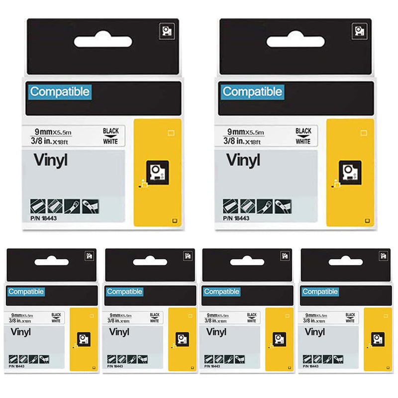 FlyLong Compatible 18443 3/8" Dymo Rhino 5200 4200 Label Tape Replace for DYMO Rhino Industrial Permanent Vinyl Labels for DYMO Rhino 5000 6000 6500 Label Maker, Black on White, 9mm x 5.5m, 6-Pack