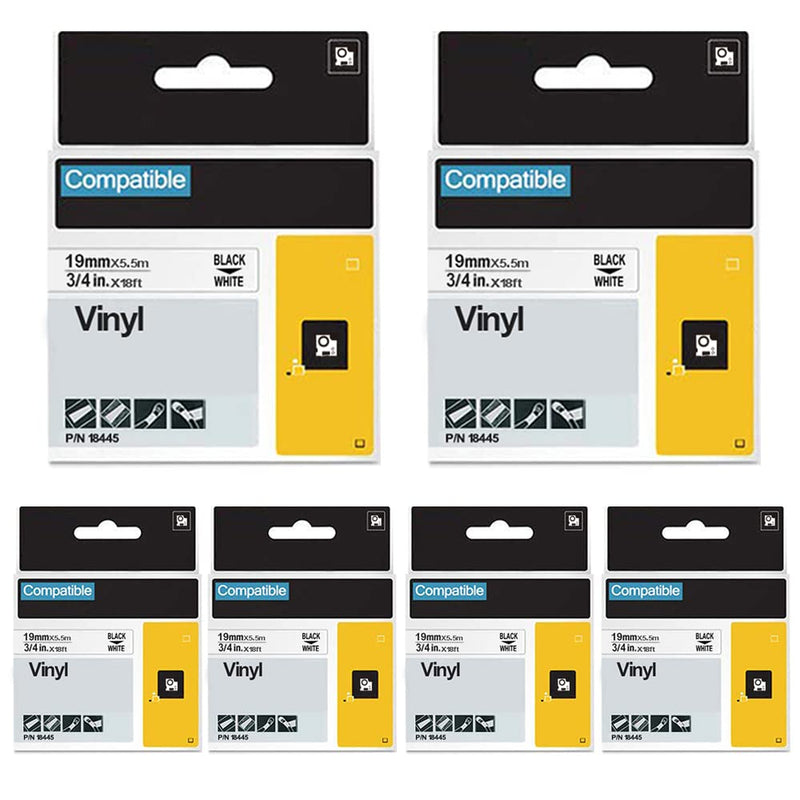 [AUSTRALIA] - FlyLong 18445 3/4" Compatible Label Tape Replacement for DYMO 18445 Rhino Industrial Permanent Vinyl Labels Tapes Black on White for DYMO Rhino 4200 5000 5200 6000 Label Maker, 19mm x 5.5m, 6-Pack 