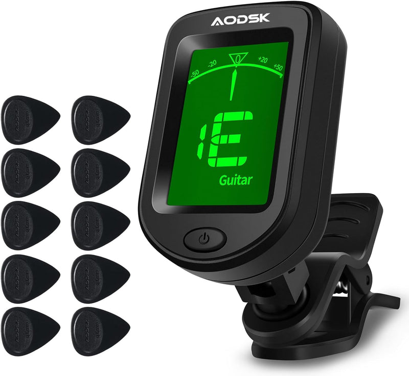 Clip-on Guitar Tuner for String Instrument,Digital Electronic Tuner,Large Clear LCD Display,Rotatable,Suitable for Acoustic Guitar,Ukulele,Bass,Violin and Chromatic, with 10 Guitar Picks