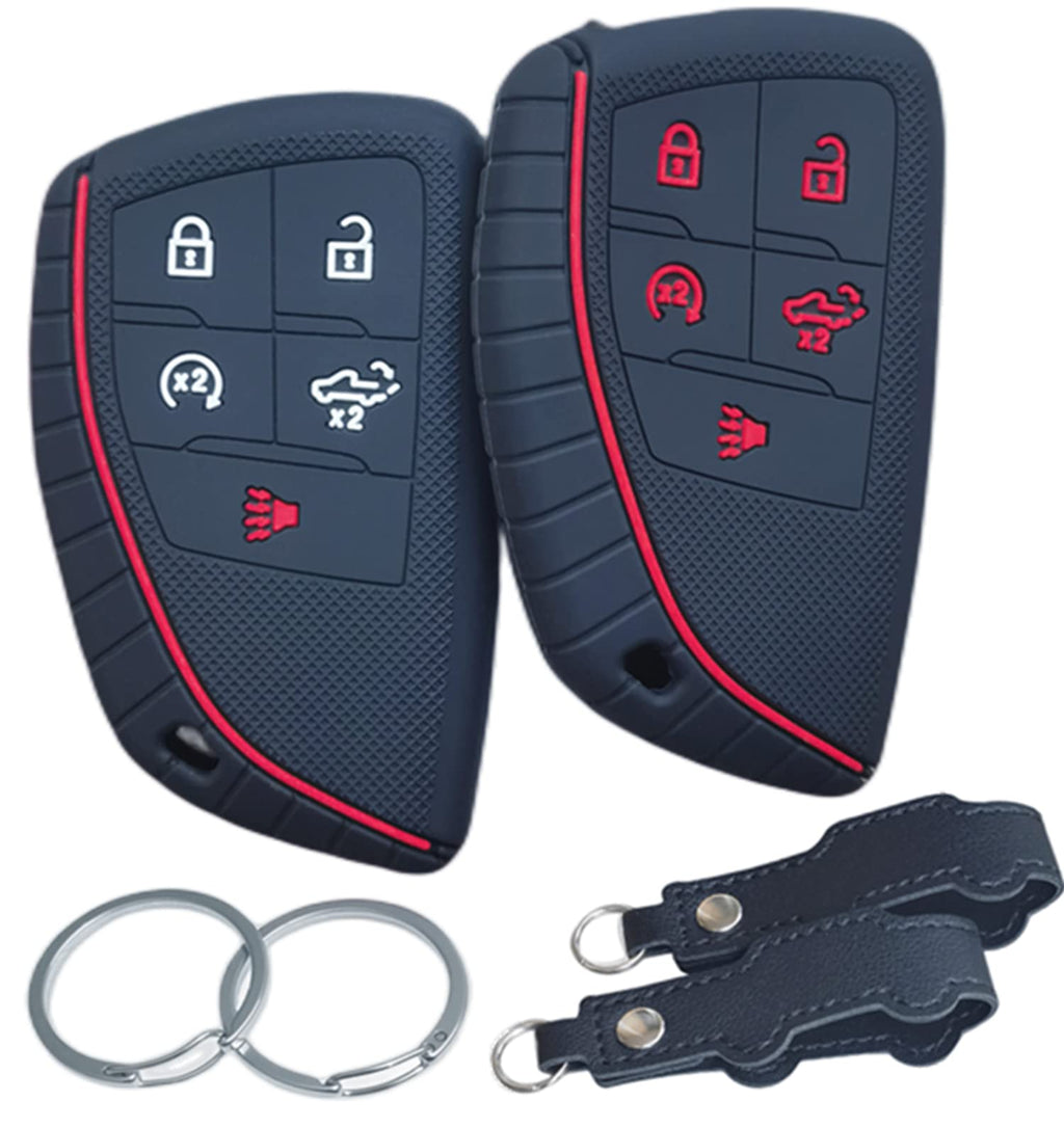 RUNZUIE 2Pcs Silicone Remote Key Fob Cover Compatible with 2022 2024 2023 GMC Sierra 1500 Chevy Chevrolet Silverado 1500 2500HD 3500HD (Black/Black with Red) Black/Black with Red