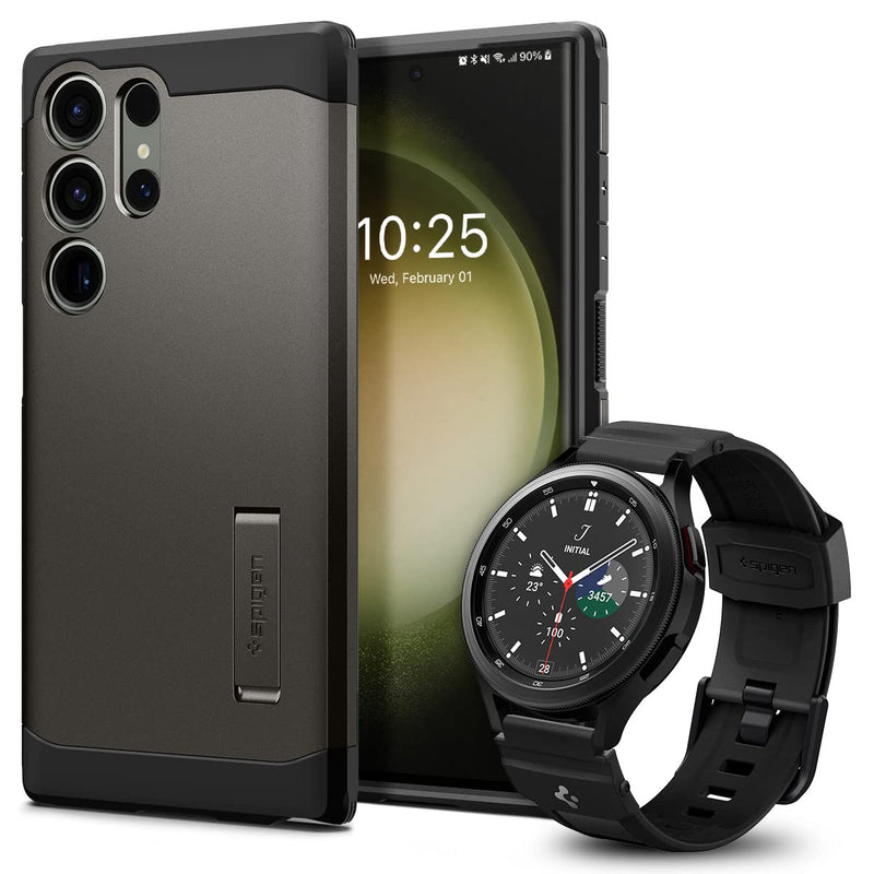 Spigen Tough Armor Designed for Galaxy S23 Ultra Case (2023) and Rugged Band Designed for Samsung Galaxy Watch 7 44/40mm, Galaxy Watch 6/5/4 44/40mm, Galaxy Watch 5 Pro 45mm