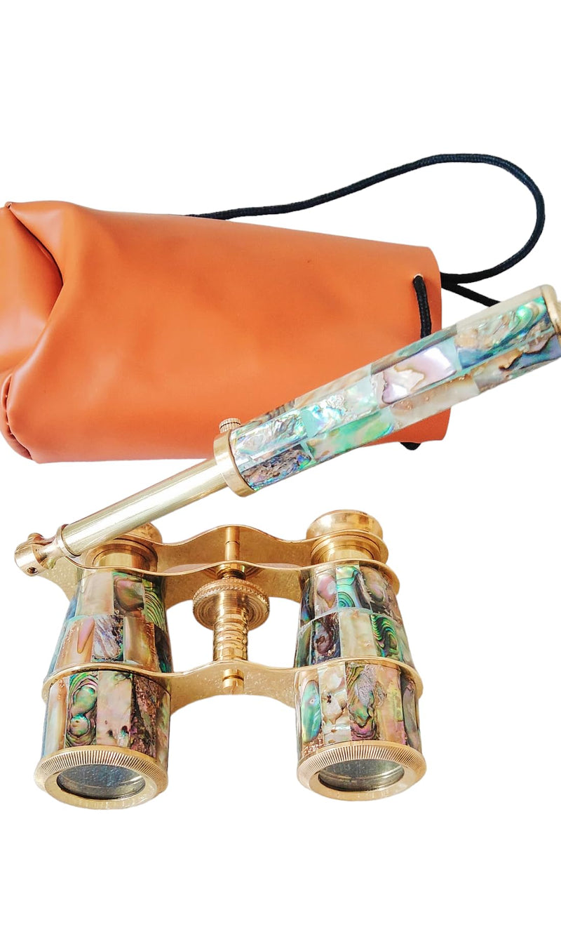 [AUSTRALIA] - Brass Binoculars Opera Glasses 3x25 Natural Abalone Green Nautical Binocular-spyglasses-Maritime Leather Decor-Christmas-Groomsmen 