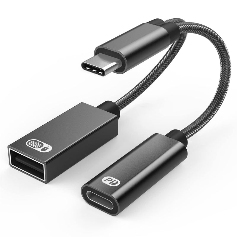 Type C OTG Adapter with Power Supply, 2 in 1 USB C OTG Adapter, Type-C to PD60W Charging and USB2.0 Multi-Function Splitter Cable, Compatible with Samsung/Google Pixel/iPad Pro/MacBook (Black)