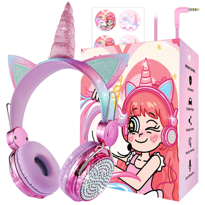 [AUSTRALIA] - Kids Unicorns Headphones with Mic for School/Travel,95dB Volume Limited,Shareport,On/Over Ear Wired Headsets with Nylon Cable-Hot Pink Rose2 