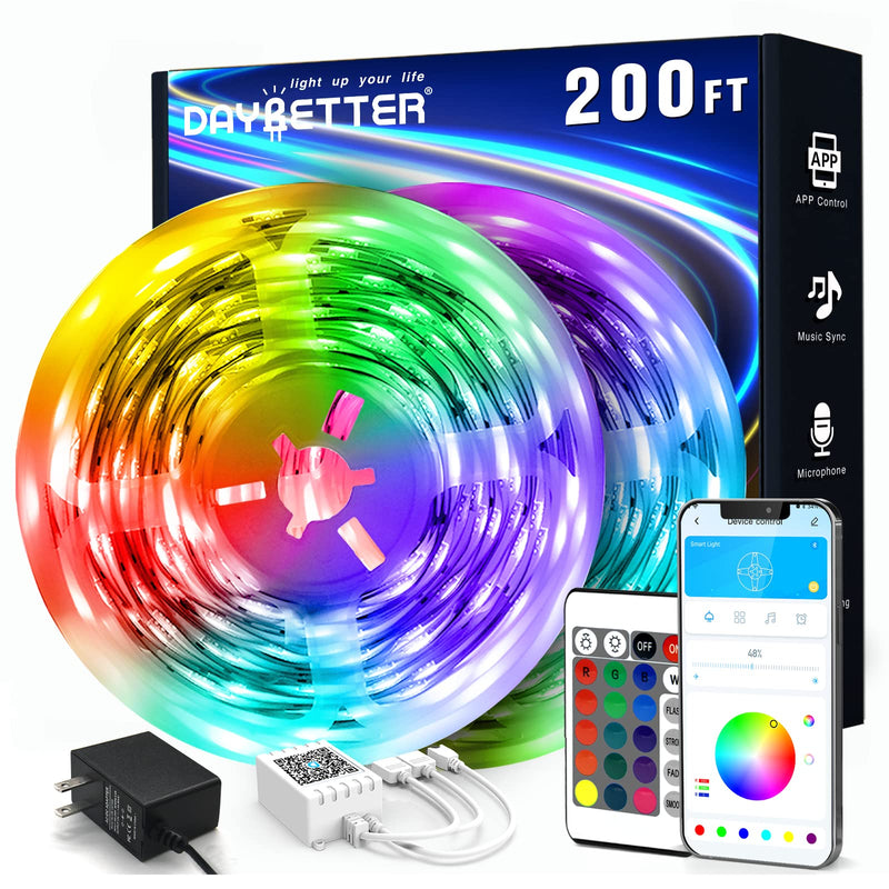 DAYBETTER LED Strip Lights 200ft (2 Rolls of 100ft), Smart App Control Lighting Bedroom Rome Decor with Remote, RGB Music Sync Color Changing LED Lights for Party