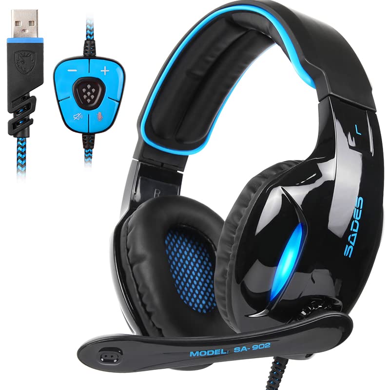 [AUSTRALIA] - SADES SA902 Stereo Gaming Headset 7.1 USB Surround Sound PC Headsets Over-Ear Gaming Headphones with Microphone LED Light Black Blue 