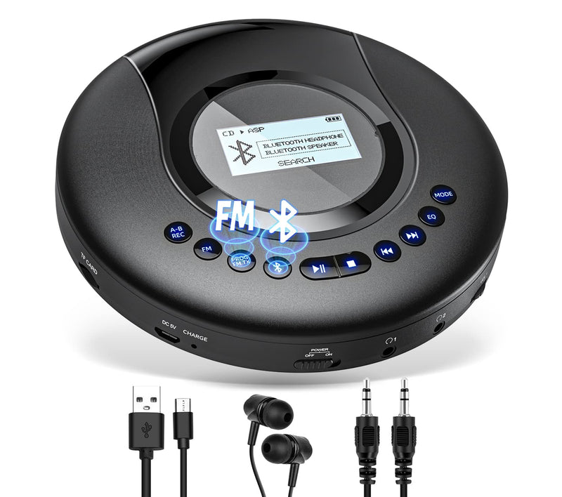 CD Player Portable ARAFUNA, Portable CD Player Bluetooth with FM Radio, 2000mAh Rechargeable CD Player for Car with LCD Screen, Anti Shock Protection Walkman CD Player with Headphone, AUX Cable Black