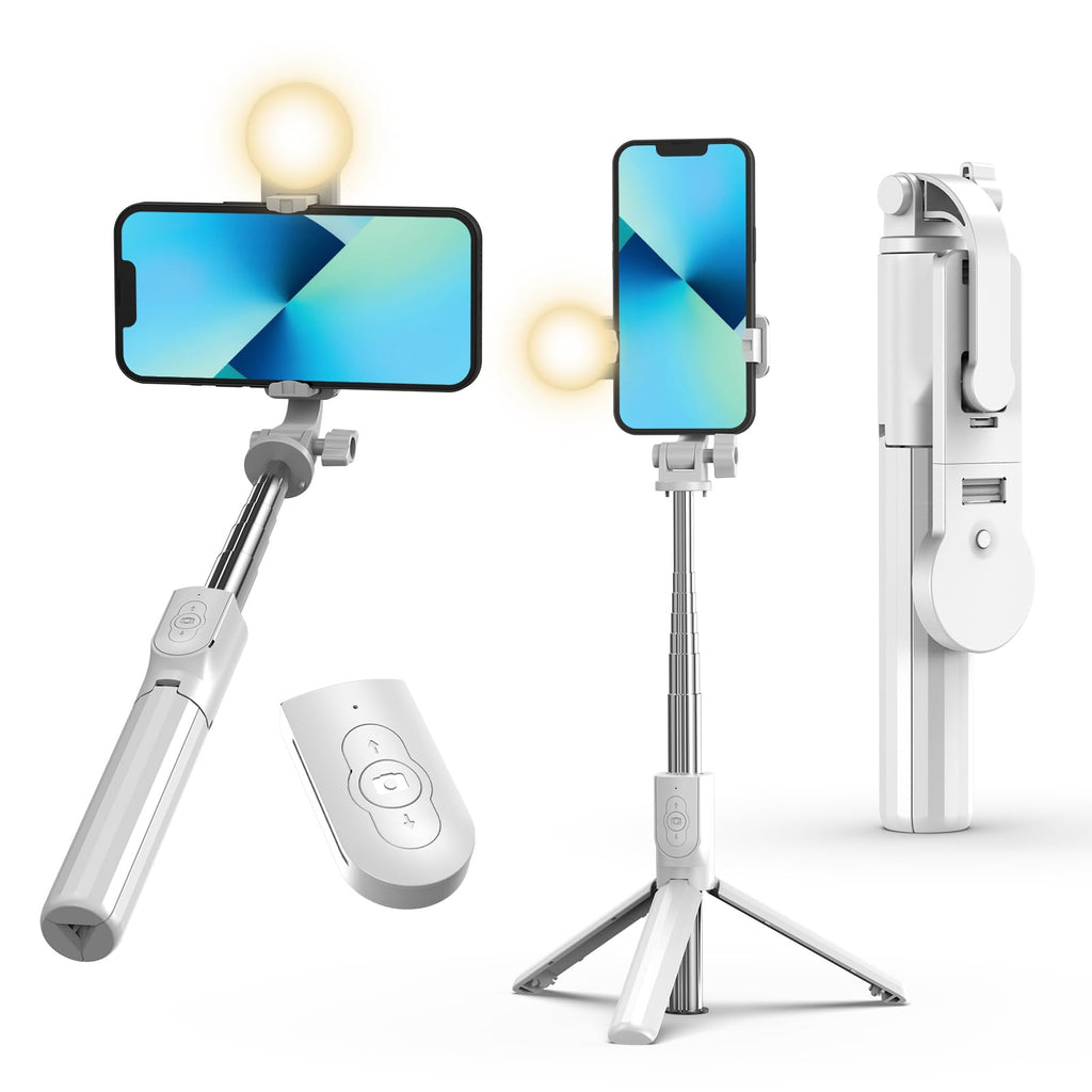 43'' Selfie Stick Tripod, Extendable Selfie Stick with Light, Wireless Remote Bluetooth Selfie Stick for iPhone 15 14 13 Pro Max, and More Smartphones White 43"white