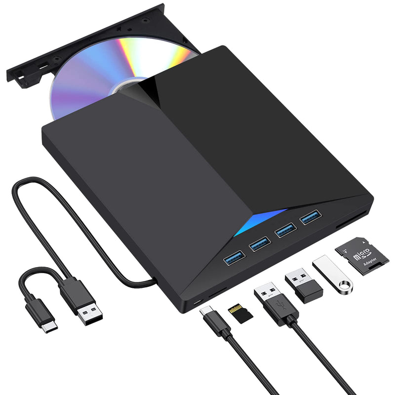 External CD/DVD Drive for Laptop, Type-C CD/DVD Player USB 3.0 Portable Burner Writer Reader Compatible with Mac MacBook Pro/Air iMac Desktop Windows 7/8/10/XP/Vista (Black2) Black2