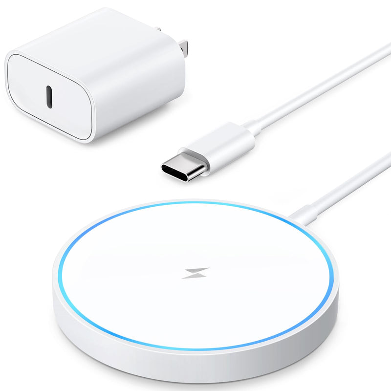 Magnetic Wireless Charger Fast Mag Safe Charger Compatible with iPhone 15 Pro Max/15 Pro/15/15 Plus/14/13/12 Series, 2024 Upgraded Nano Mag-Safe LED Charging Pad with 20W Type-C Adapter (White) White