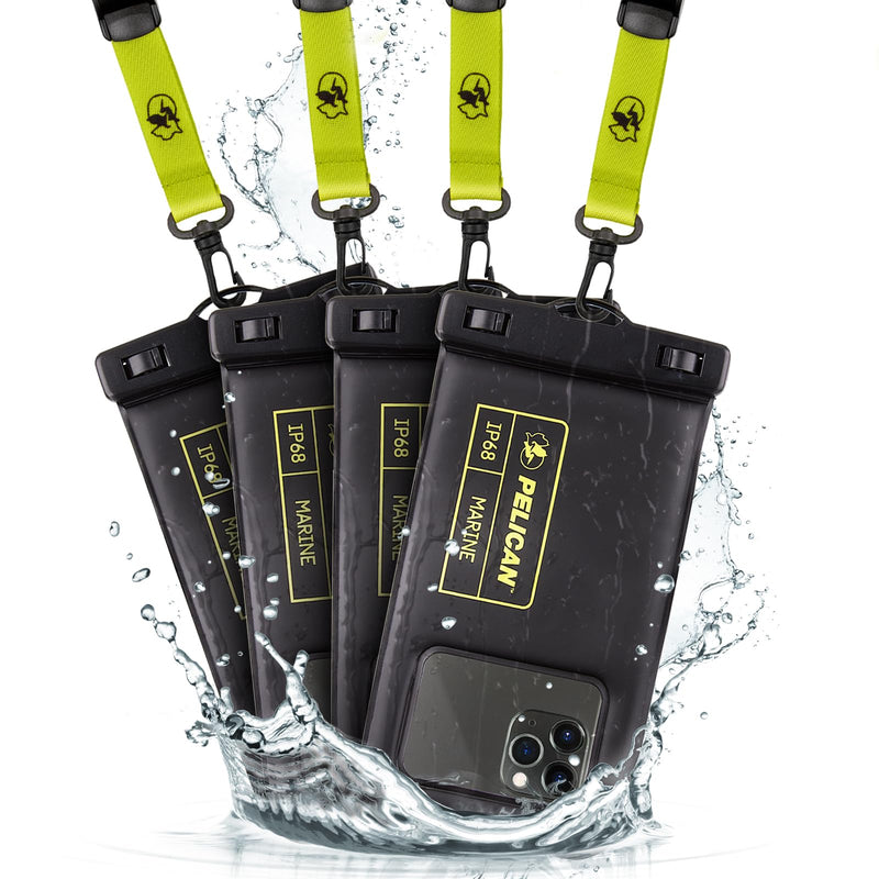 Pelican 4 Pack Marine Waterproof Phone Pouch (Regular) -Black/Hi-Vis Yellow | Touchscreen IP68 Floating Waterproof Phone Case w/Detachable Lanyard - Fits All Phones - Beach Cruise Ship Travel Essentials Black/Neon - 4 Pack - Regular