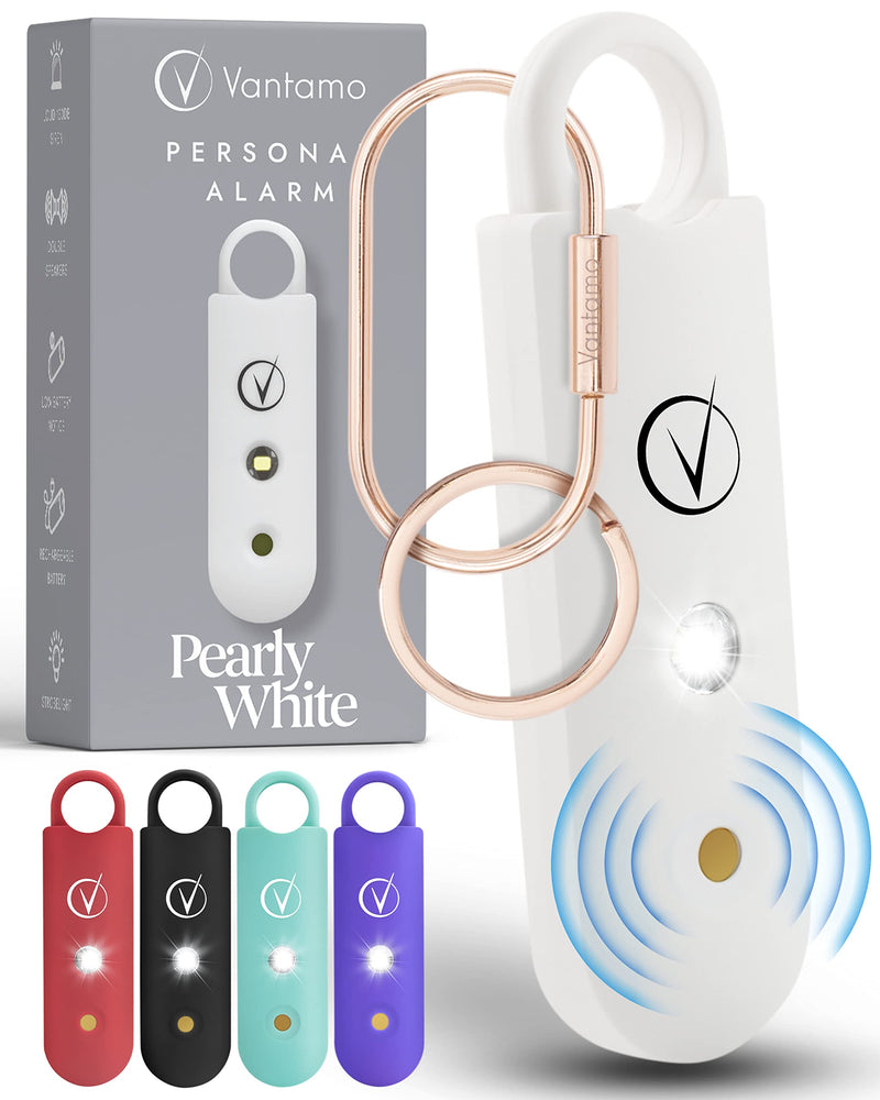 Vantamo Personal Alarm for Women - Extra Loud Double Speakers, First with Low Battery Notice with Strobe Light, Rechargeable - Safety Alarm Keychain Pearly White.