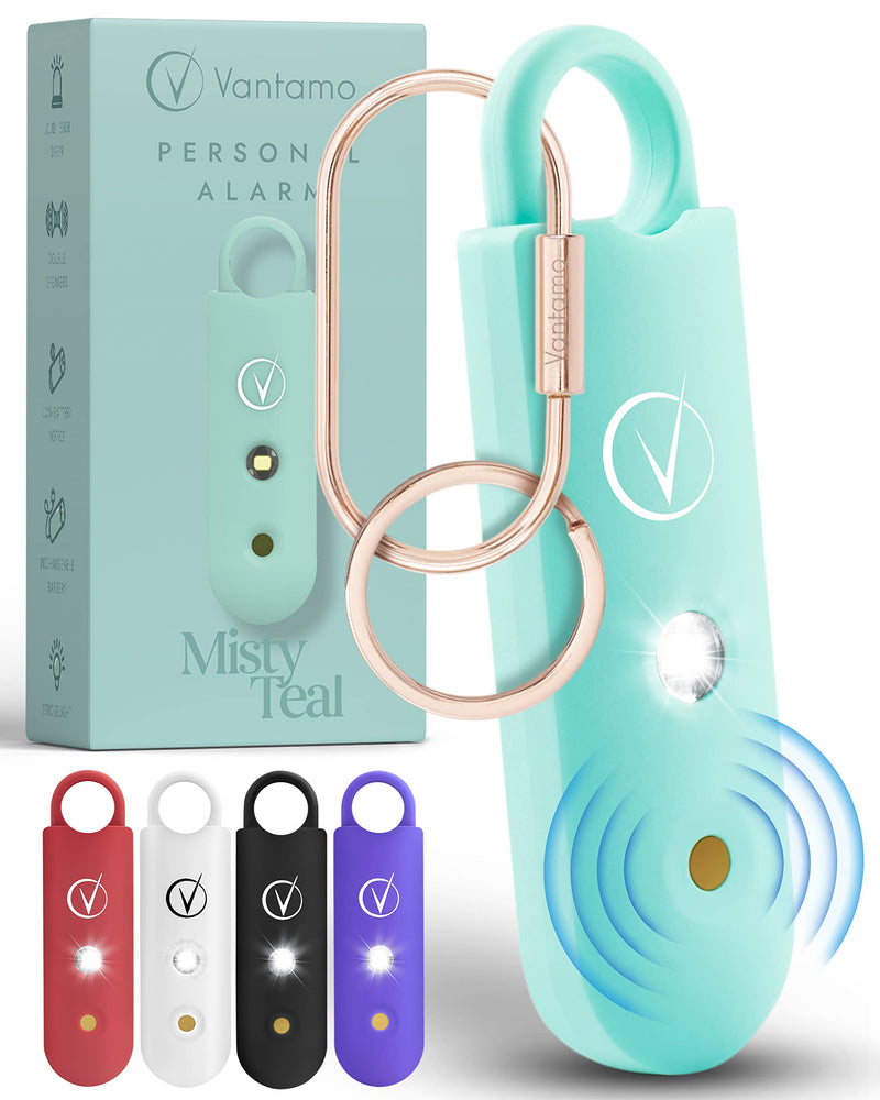 Vantamo Personal Alarm for Women - Extra Loud Double Speakers, First with Low Battery Notice with Strobe Light, Rechargeable - Safety Alarm Keychain Teal