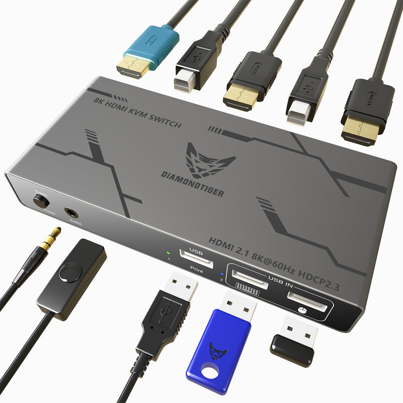 KVM Switch HDMI 2 Ports - 8K 60Hz HDMI 2.1 KVM Switch for 2 Computers 1 Monitor and 3 USB Ports to Share Mouse, Keyboard or Other USB Devices, HDCP 2.3, HDR 10, with Remote Controller and USB Cables