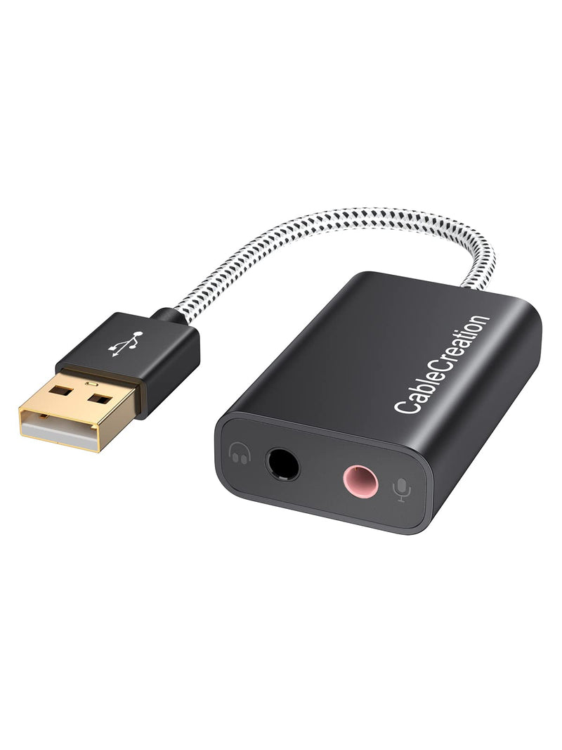 CableCreation 2 Pack USB Audio Adapter External Sound Card with 3.5mm + Mic | Headphone and Microphone Jack Compatible with Windows, Mac, macOS, Linux, PS4, PS5, Plug and Play, Aluminum Black Black USB 2.0*2 2-Pack