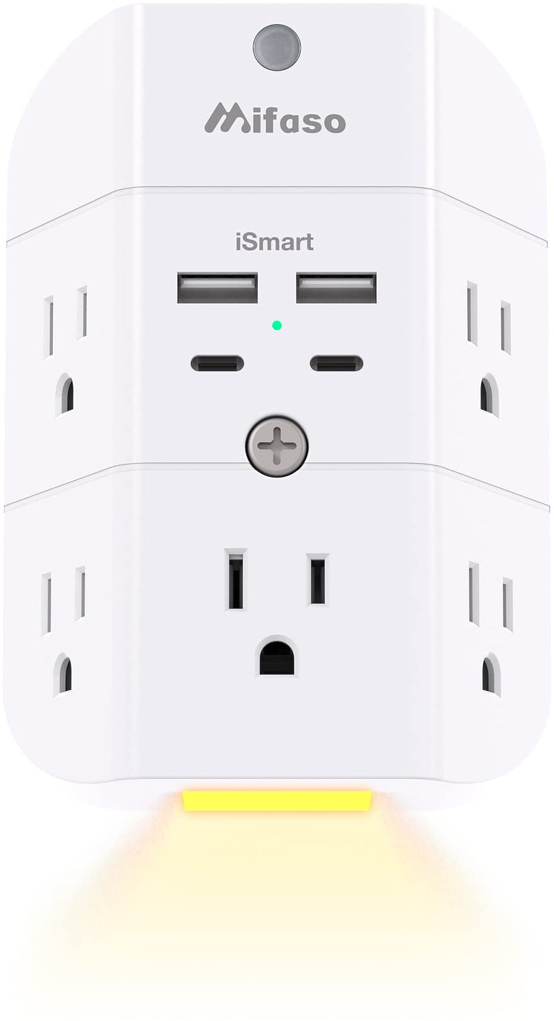 Surge Protector Outlet Extender - with Night Light, 5-Outlet Splitter and 4 USB Ports (2 USB C Charger), Multi Plug Outlet for Home, Dorm Room Essentials with 2 USB-A & 2 USB-C