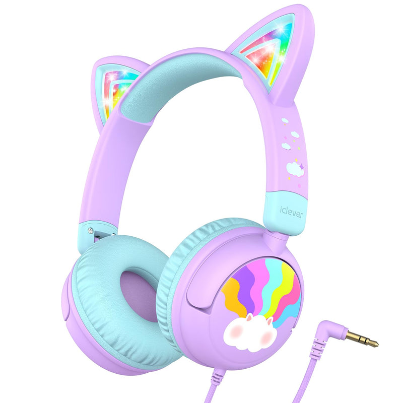 iClever Kids Headphones Cat Ear, LED Light Up, 85dBA Safe Volume, Stereo Sound Toddler Headphones for Travel School, Foldable 3.5mm Wired Kids Headphones for iPad Tablets, Meow Lollipop-Purple Purple