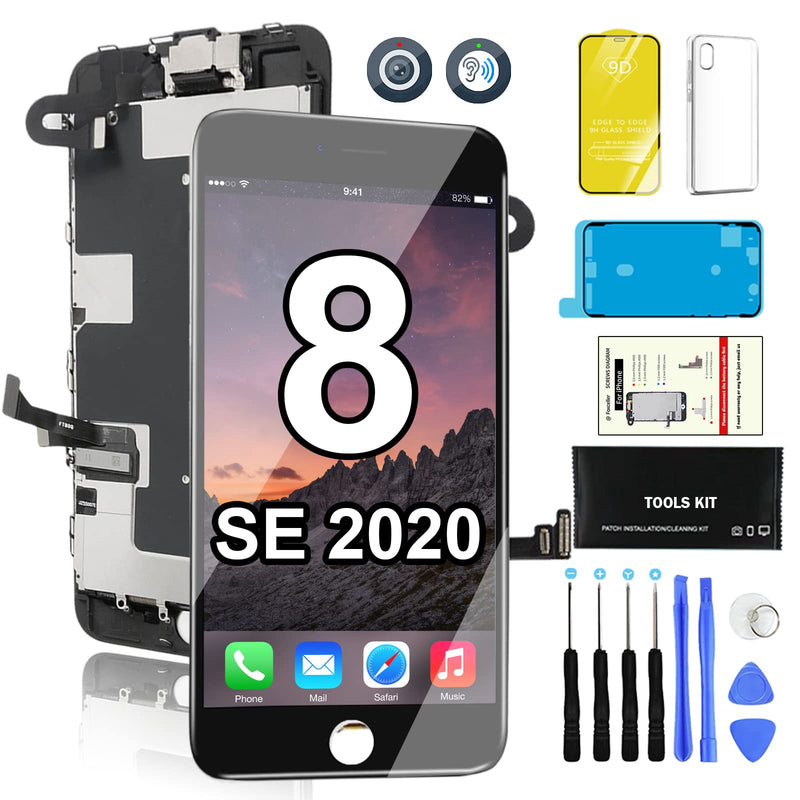 for iPhone 8 SE 2020 LCD Display Replacement Touch Digitizer 4.7 inches Screen Full Set Assembly Front Camera Earpiece Speaker Protector Glass Tools Kit(A1863 A1905 A1906 A2275 A2298 A2296) (Black) Black