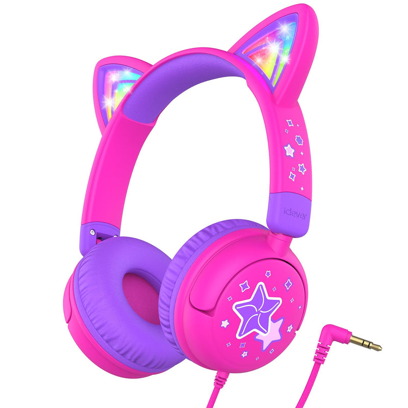 [AUSTRALIA] - iClever Kids Headphones Cat Ear, LED Light Up, 85dBA Safe Volume, Stereo Sound Toddler Headphones for Travel School, Foldable 3.5mm Wired Kids Headphones for iPad Tablets, Meow Lollipop-Hot Pink Hot Pink 