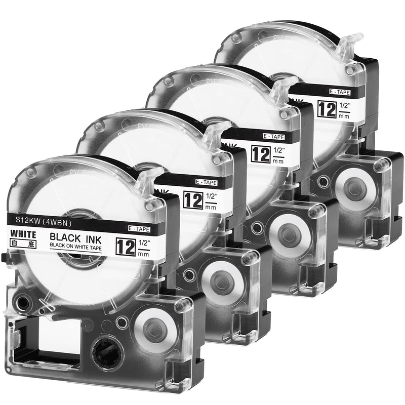 Replace for Epson LW-PX400 LW-300 Label Tape, LC-4WBN, LK-4WBN, SS12KW Tape Refill, Black on White 1/2" x 26', for Use with Epson LabelWorks LW-300 LW-400 LW-600P LW-700 LW-PX300 Label Makers, 4-Pack 12 mm