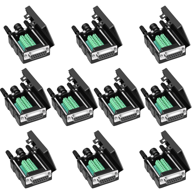 Jienk 10PCS DB15 RS232 D-SUB Serial Adapters, 15Pin Port Terminal Solderless Breakout Board Connector with Case Accessories (DB15 Female) DB15 Female