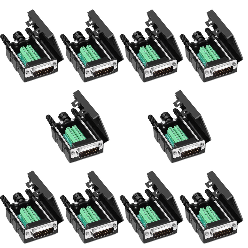Jienk 10PCS DB15 RS232 D-SUB Serial Adapters, 15Pin Port Terminal Solderless Breakout Board Connector with Case Accessories (DB15 Male) DB15 Male