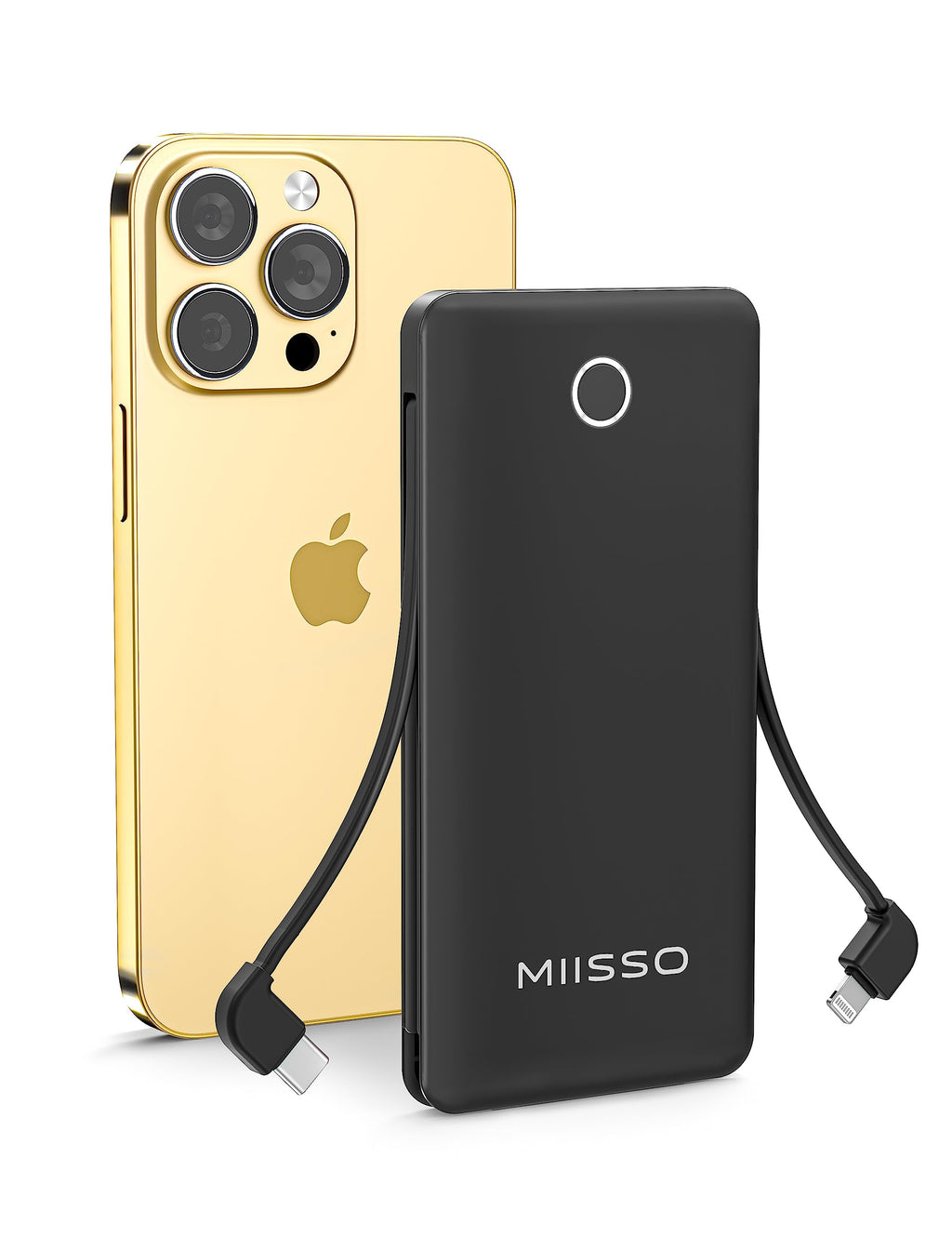 miisso 10000mah Slim Portable Charger with Built in Cable, Power Bank Travel Phone Charger External Battery Pack for Phones, 4 Output USB C Cords Clutch Charger Compatible with iPhone, Samsung, Black