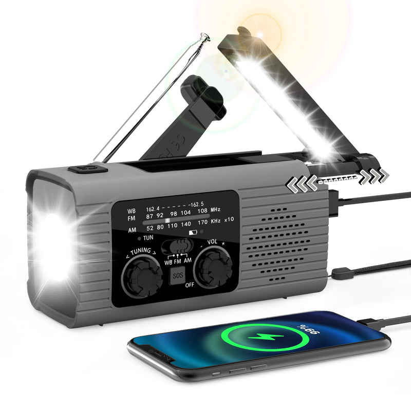 Emergency Radio 4000mAh Solar Hand Crank AM/FM/NOAA Portable Weather Radio with Phone Charger, LED Flashlight, Reading Lamp, SOS Alarm, Headphone Jack for Indoor Outdoor Emergency, USB Charged Gray