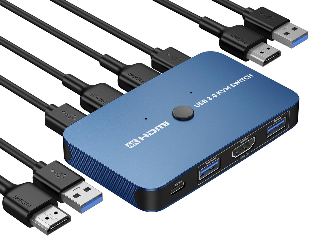 ABLEWE KVM Switch, Aluminum KVM Switch HDMI,USB Switch for 2 Computers Sharing Mouse Keyboard Printer to One HD Monitor, Support 4K@60Hz,2 HDMI Cables and 2 USB Cables Included(Blue) Blue