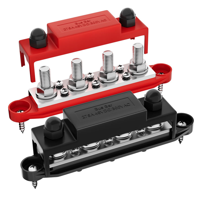 Upgrade 275A 12V Bus Bar Battery Power Distribution Block Car Audio 12 Volt DC Busbar 4 x 3/8" Posts 6 x #8 Screws for Marine Automotive RV and Solar Wiring BB275-T4M10S6-C-RB