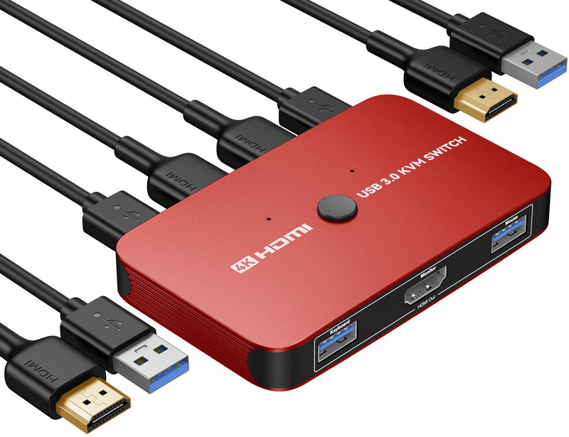 ABLEWE KVM Switch, Aluminum KVM Switch HDMI,USB Switch for 2 Computers Sharing Mouse Keyboard Printer to One HD Monitor, Support 4K@60Hz,2 HDMI Cables and 2 USB Cables Included (Red) Red