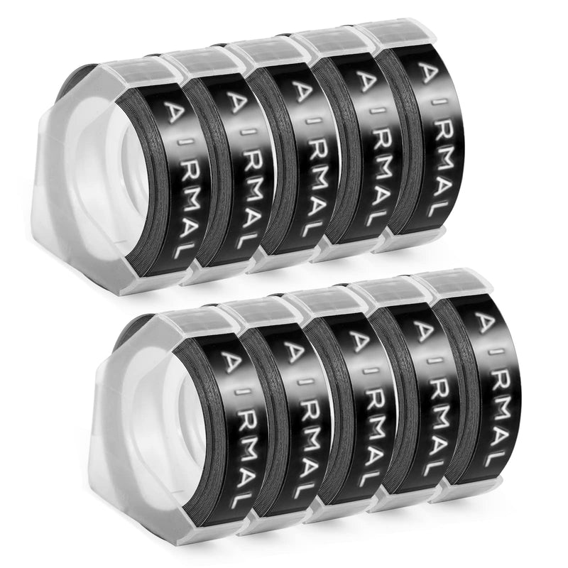 Airmall Compatible 3D Embossing Label Tape Replacement for Dymo Embossing Label Tape 9mm x 3m, Durable Plastic Embossing Label for Dymo Xpress 12965 Motex Omega S, White Print on Black, 10-Pack Dark Black