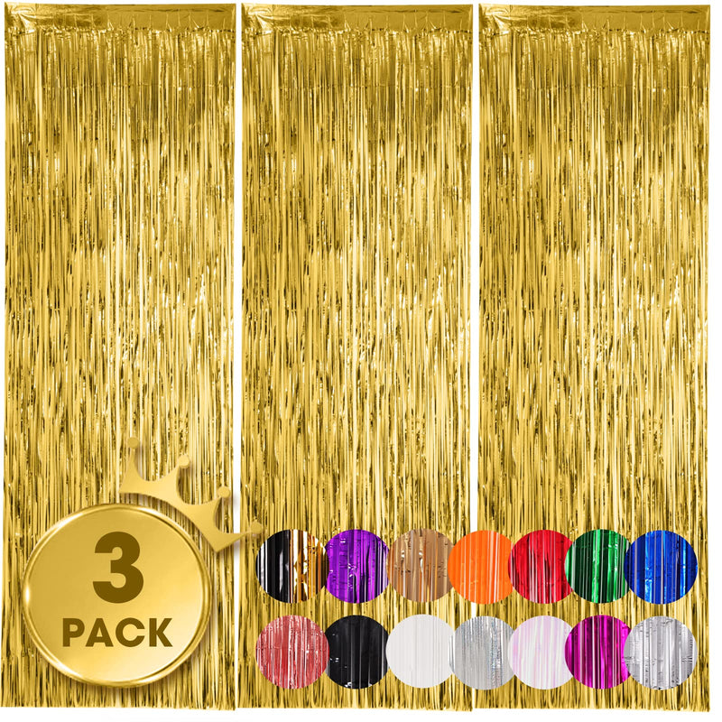 3 Pack 3.3x8.2 Feet Gold Foil Fringe Backdrop Curtains, Tinsel Streamers Birthday Party Decorations, Fringe Backdrop for Graduation, Baby Shower, Gender Reveal, Disco Party 05 Gold