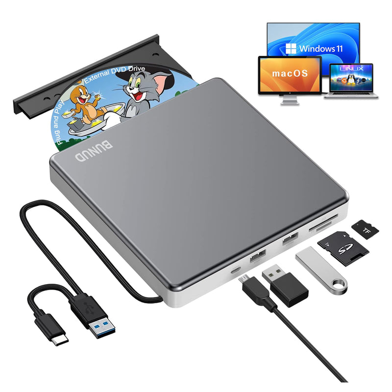 BUNUD External DVD Drive for Mac, Plug & Play with Reliable USB/SD/TF Ports | USB 3.0 & USB C DVD Player for Laptop PC, Portable CD Burner Reader SuperDrive for MacBook Windows, Aluminum Alloy, Grey
