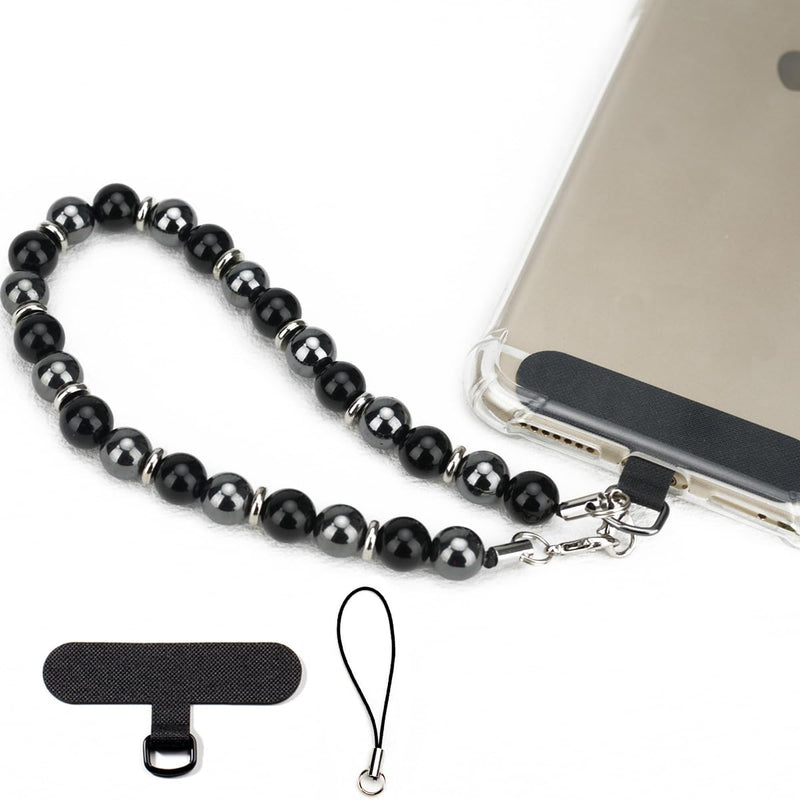 Marble Beaded Phone Wrist Strap, Cellphone Lanyard with Tether Tab, Hands-Free Wristlet Bracelet Obsidian Black