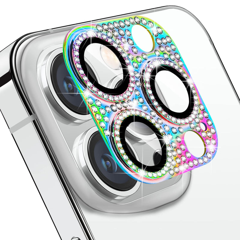 Hsefo for iPhone 14 Pro & iPhone 14 Pro Max Camera Lens Protector, Bling Lens Cover 3D Rhinestone Diamond 9H Tempered Glass Camera Cover Anti Scratch Shockproof Metal Lens Screen Full Protective Cover, Colorful Multi-coloured