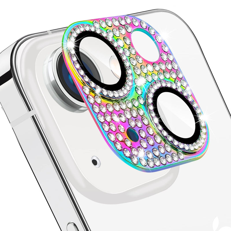 Hsefo for iPhone 14 and iPhone 14 Plus Camera Lens Protector, Bling 3D Rhinestone Sparkle Diamond 9H Tempered Glass Camera Cover Anti Scratch Shockproof Metal Lens Screen Full Protective Cover, Colorful Multi-Coloured