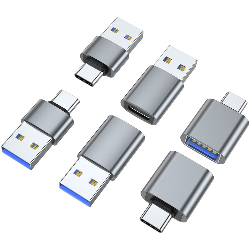 AreMe USB C Adapter (6 Pack), USB A Male to USB C Male, USB 3.0 Male to USB C Female, USB Type-C Male to USB 3.0 Female Converter Connector (Grey) Grey
