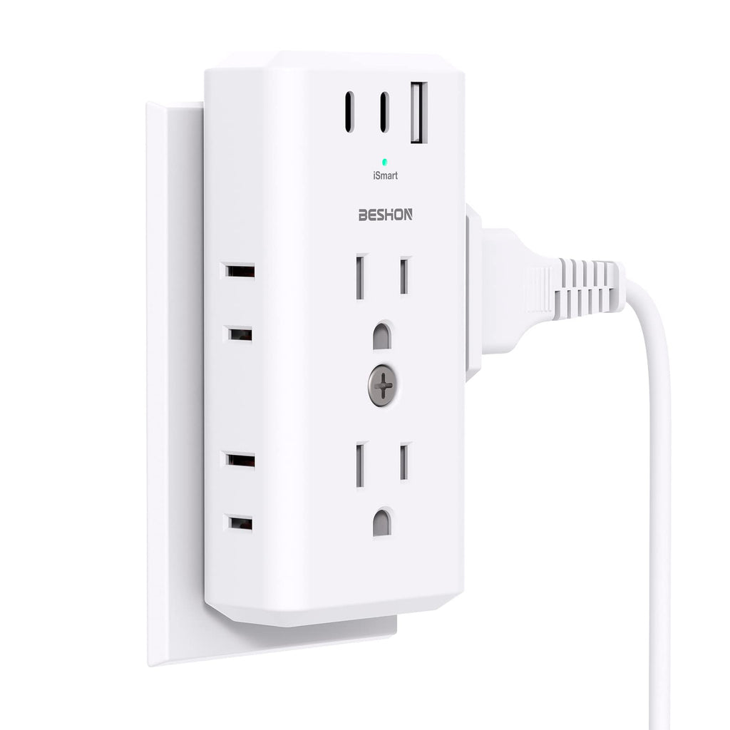 Outlet Extender Multi Plug Outlet, USB Wall Charger, 3-Sided Power Strip with 6 AC Outlet Splitter and 3 USB Ports (2 USB C), NO Surge Protector Cruise Essentials for Ship and Travel, Dorm, Office 2C1A&2-prong