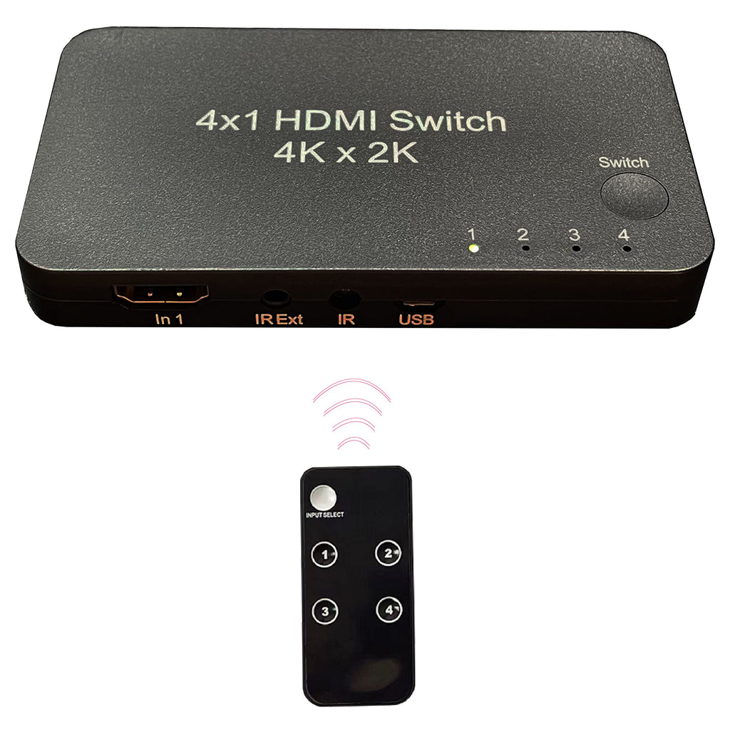 HDMI Switch 4 in 1 Out, 4 Port HDMI Switcher Selector Box with IR Remote Control & Auto Switch, Support 4K@30Hz, 3D, 1080P