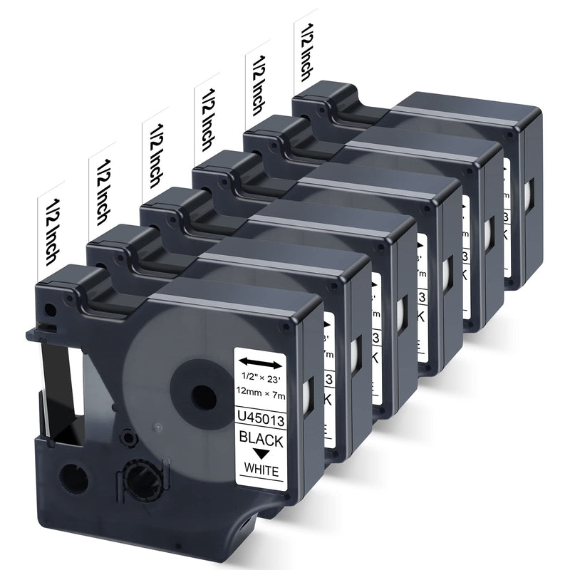 [AUSTRALIA] - Unismar Compatible with Dymo D1 Label Tape 45013 a45013 S0720530 for Dymo Label Maker Refill Replacement for Dymo LabelManager 160 210D 260P 280 360D 420P PnP, 1/2 inch x 23 Ft, Black on White, 6 Pack 