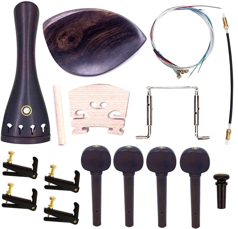 4/4 Full Size Violin Accessories Kit Bridge, Tailpiece, Tuning Pegs, Tunners, Endpin, Tailgut, String and Chin Rest 1 Set Violin Parts & Accessories Ebony