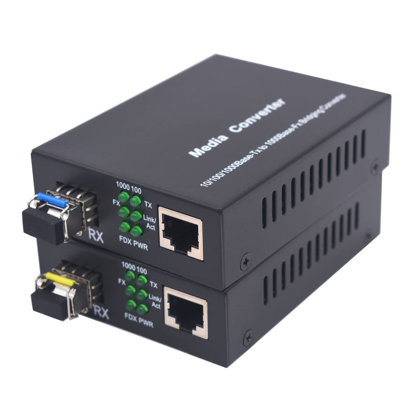 Single Mode Gigabit Fiber Media Converters LC -2 SFP Transceiver SM up to 20Km (12.4 Miles) Wavelength 1310nm/1550nm, LC to UTP Cat5e 10/100/1000 RJ-45 –Gigabit Ethernet Speed, A Pair SM 20Km, LC, Single Core