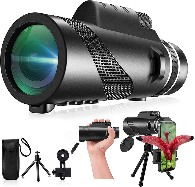 80x100 Monocular Telescopes for Smartphone,Adapter Monocular Telescope for Adults,Hunting Wildlife Bird Watching Travel Camping Hiking with Smartphone Holder and Tripod（Black） Black
