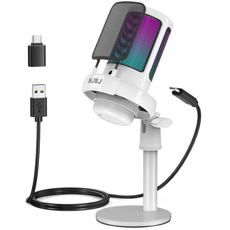 [AUSTRALIA] - NJSJ USB Microphone for PC, Gaming Mic for PS4/ PS5/ Mac/Phone,Condenser Microphone with Touch Mute, RGB Lighting,Gain knob & Monitoring Jack for Streaming,Podcasting (with Desktop Stand, White) With desktop stand 